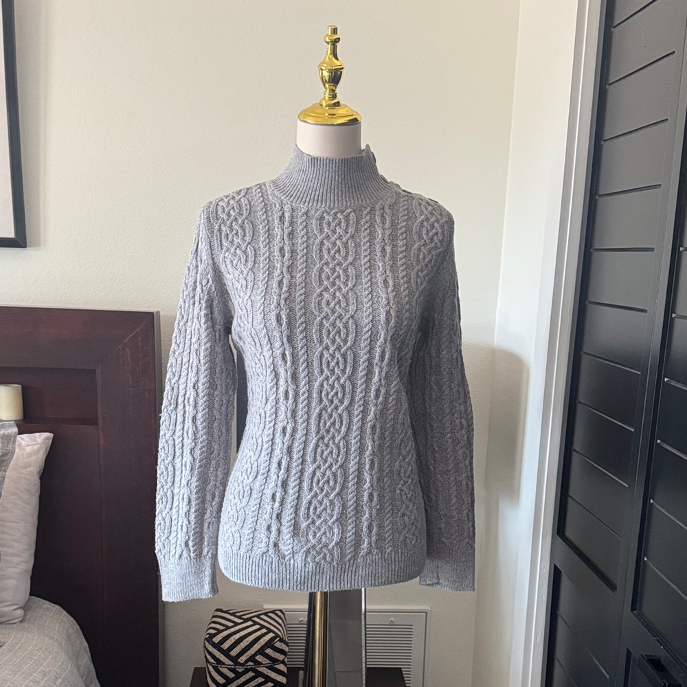 Talbots Light Gray Cable Knit Turtleneck Sweater